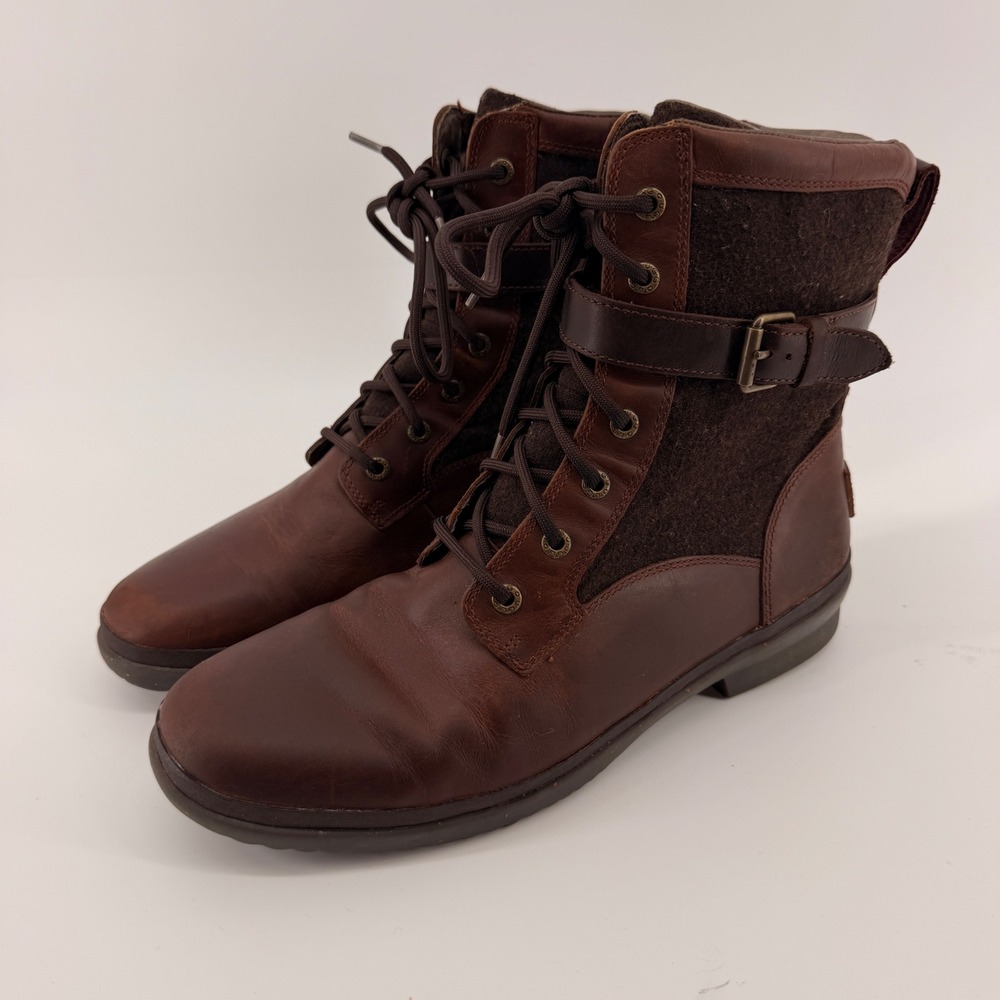 UGG Kesey Boots Womens 11 Brown‎ Leather Wool Waterproof Lace Up Moto 1005264